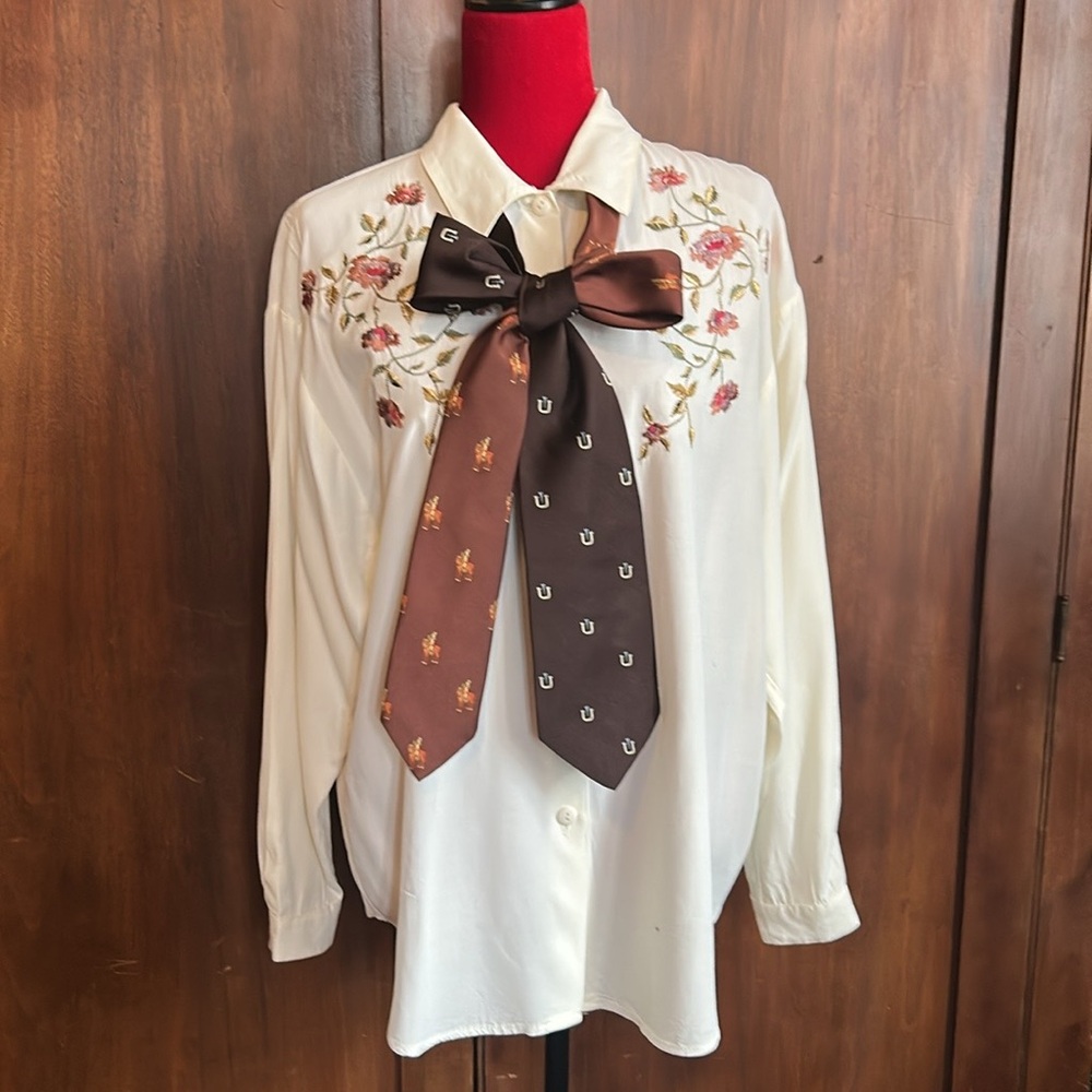 Vintage Upcycled Ties Scarf with Equestrian Motif - Picture 2 of 7